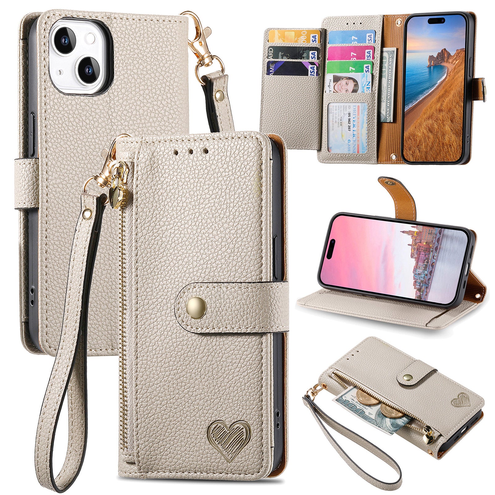 RFID Blocking Phone Stand Case for iPhone 13 PU Leather Wallet Zipper Pocket Phone Cover RFID Blocking Phone Stand Case for iPhone 13 PU Leather Wallet Zipper Pocket Phone Cover